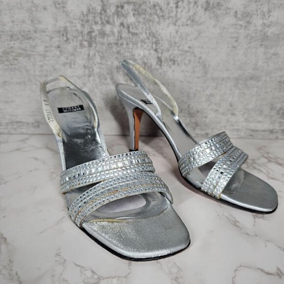 Stuart Weitzman Vintage Silver Leather Crystal Beaded Sling Back Heels Women 8B‎ - Picture 11 of 11